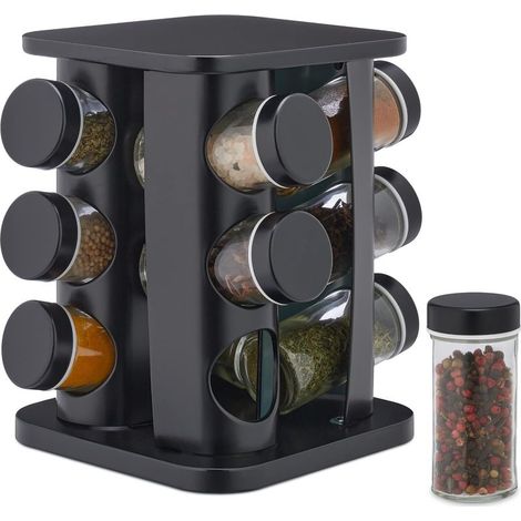 Tourniquet à épices avec 12 Pots en Verre, chacun étant doté d'un Embout tamiseur, remplir, Acier INOX, Noir (1/5)