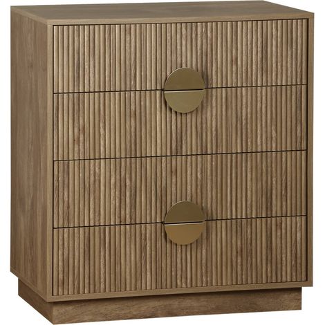 Commode 4 tiroirs effet bois de manguier rainuré. poignées en métal doré. L80 x P40 x H85cm