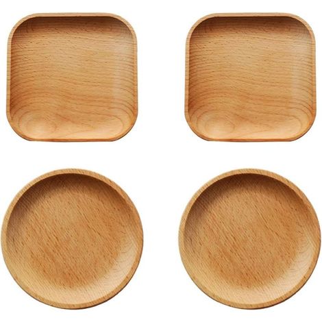4 Pièces Assiettes En Bois De Hêtre 12cm, Design Carré Ou Rond, Pour Snack Et Dessert, Usage Domestique