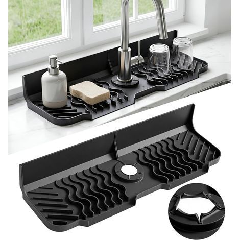 Tapis De Robinet En Silicone 45×14 Cm, Protection Anti-Éclaboussures Pour Évier De Cuisine Avec Ouverture Pré-Découpée, Plateau Anti-Gouttes Inclinable À Séchage Rapide Pour Et Salle De Bain Comptoir (1/5)