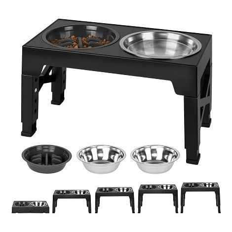 Raised Dog Bowl with Adjustable Heights with Stainless Steel Bowls Anti-Glutton Bowl, Raised Non-Slip Bowl Stand for Medium and Large Dogs (1/5)