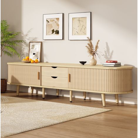 Meuble TV 175x40x42 cm noyer clair en MDF avec 2 tiroirs, étagères réglables et pieds ajustables (1/5)