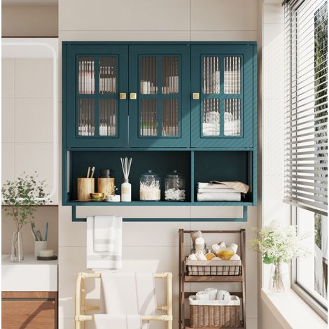 Armoire murale de salle de bain en MDF vert foncé, 3 portes, verre trempé rainuré, niche ouverte et porte-serviettes (1/5)