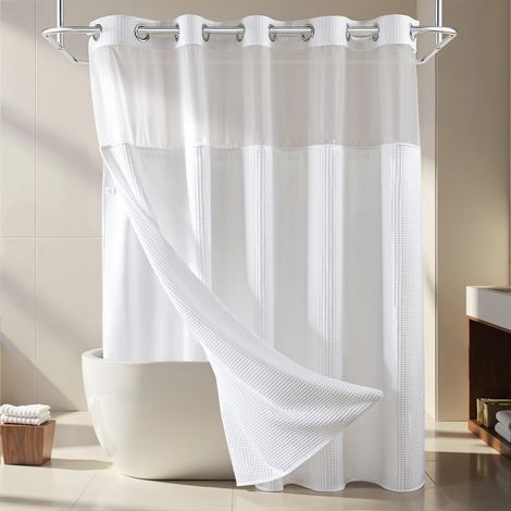 Ensemble de Rideau de Douche en Tissu mélangé de Coton, Tissage gaufré, avec Doublure de Rechange à Clipser, Blanc, 180 x 188 cm (1/5)