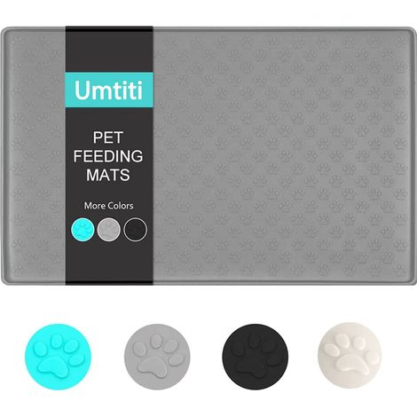 Tapis de gamelle pour chien et chat 48 x 30 cm gris - En silicone antidérapant - Imperméable - Avec bord - Passe au lave-vaisselle - 1 pièce - Gris (1/5)