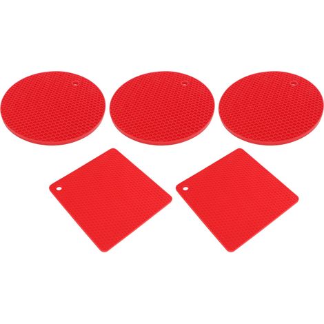 Set aus 5 quadratischen und runden Silikon-Untersetzern in Wabenform, rutschfest und hitzebeständig, für Kochfelder, Pfannen und Töpfe (rot). (1/5)