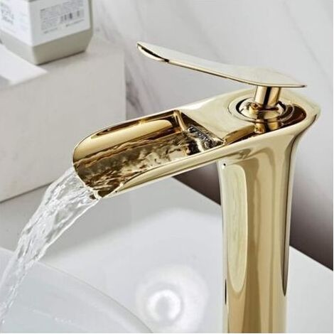 Wasserfall-Waschtischarmatur, Wasserfall-Einhebelmischer, Hohe Wasserfall-Waschtischarmatur, Goldene Waschtischarmatur (1/3)