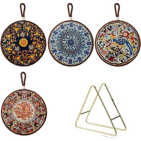 4 pièces vintage céramique Heat Insulating tapis avec Cork Base Coasters Chinese Style Dinner tapis avec suspendu corde (1/5)