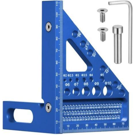 Équerre de charpentier multi-angles 3D avec goupilles cachées, 22,5-90°, alliage d'aluminium, avec gabarit de perçage pour 11 types de trous différents, bleu (1/4)