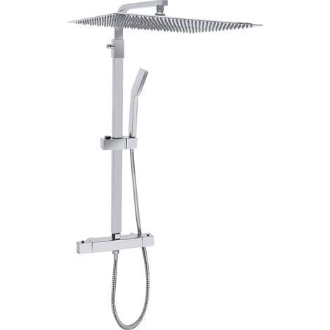 Colonne de douche chromée – Système de douche thermostatique 38 °C avec pommeau de pluie carré 40 x 40 cm et douchette – Hauteur réglable 82-110 cm – Anti-brûlure – Pour salle de bain, hôtel et spa (1/5)