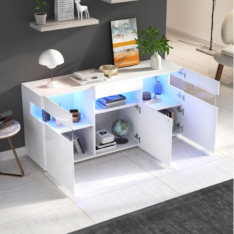 Sideboard 140 x 40.5 x 66.5 cm, mit 3 Türen, 7 Ablagefächern, LED Lichtleiste, Spanplatte, Weiß (1/5)