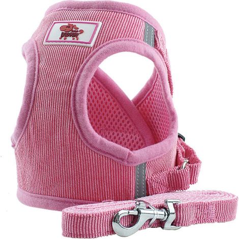 Harnais réfléchissant réglable pour chien/chat – rose, taille S, sangles en velours côtelé respirant et maille légère (1/5)
