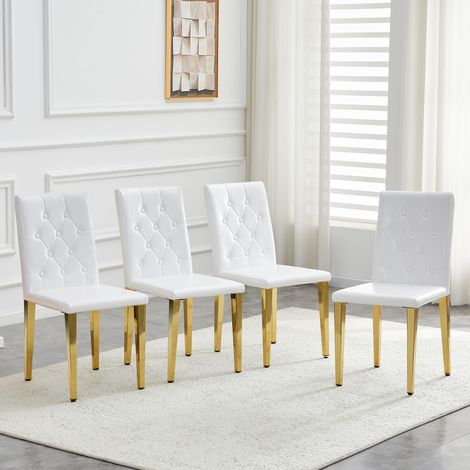 Lot de 4 chaises de salle, en métal, blanc, pour salon et salle à manger, pieds métal doré, idéales pour espaces de restauration