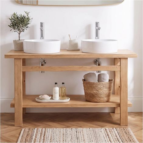 Mob-In – Meuble sous vasque 140cm en chêne massif – Design aérien sans portes – Étagère inférieure spacieuse – Pour vasque à poser