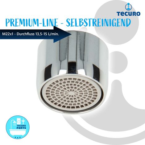 tecuro Selbstreinigende PREMIUM Strahlregler Luftsprudler M22x1 IG, Durchflussklasse A: 13,5 - 15,0 l/min, verchromt (1/5)
