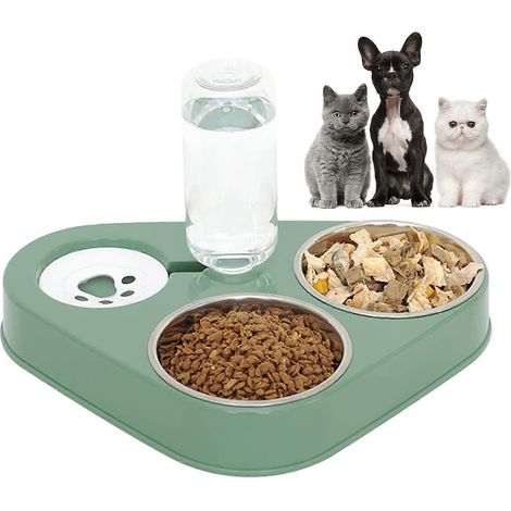 Gamelle double en acier inoxydable pour animaux de compagnie, gamelle double pour chats, réservoir d'eau automatique 3 en 1, gamelle pour chats et chiens. (1/5)
