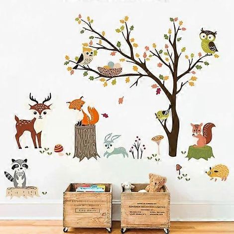 Stickers muraux animaux de la forêt, hibou, renard, cerf, décoration murale pour chambre de bébé ou d'enfant (1/5)