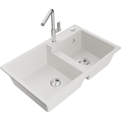 Mexen Tomas fregadero de granito de 2 senos con grifo de cocina Flora, blanco - 6516-20-670401-00 (1/5)