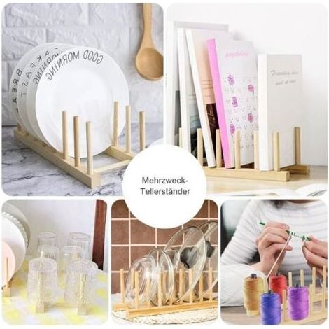 Set of 2 Wooden Plate Holder Dish Rack Dish Drainer for Kitchen Counter Books Wine Glass (1/2)
