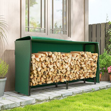 Brennholzregal mit Abdeckung und Ablage für den Innen- und Außenbereich, Tragkraft 200 kg, 200 x 36 x 99 cm, Dunkelgrün und Schwarz (1/5)