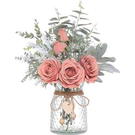 Vase avec roses artificielles en soie et eucalyptus, décoration centre de table maison ferme bureau salle de bain (1/5)