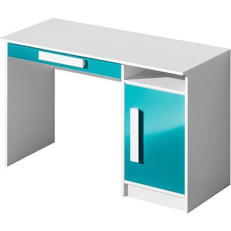 Mesa de oficina Merevari 100, Blanco + Brillo Turquesa, Con puertas, Con cajones, Número de puertas: 1, Número de cajones: 1, 80x120x50cm