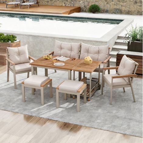 Salon de jardin 6-7 places beige en bois d'acacia avec chariot amovible (1/5)