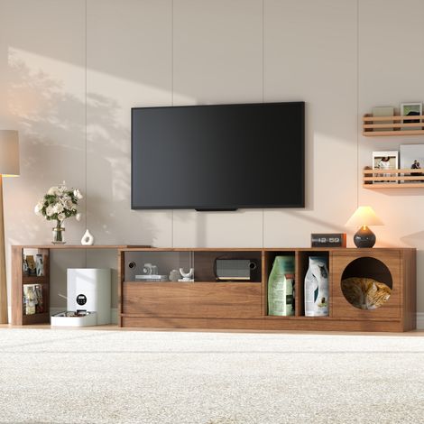 Meuble TV pivotant, multifonctionnel et extensible, avec portes en verre trempé et coin repos pour chat (coussin non inclus), couleur noyer, 180 (+80) × 40 × 50 cm (1/5)