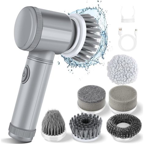 Spazzola elettrica senza fili per la pulizia - Pulitore per il bagno con 6 testine intercambiabili - Adatta per vasche da bagno, pavimenti, piastrelle, finestre, lavandini e cucine - Nera - 1 set