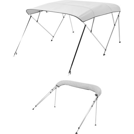 VEVOR Bimini pour bateau a 4 arceaux, 243 x 137 x 216-228 cm, taud de soleil avec cadre en alliage dealuminium, toile en polyester 600D, sac de rangement, 2 poteaux de support, 4 sangles, gris clair