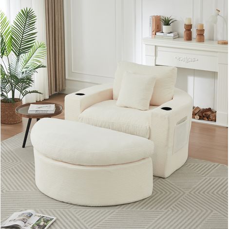 Sofá lounge modular de pana beige con puf, almacenaje y portavasos - CHICFURN (1/5)