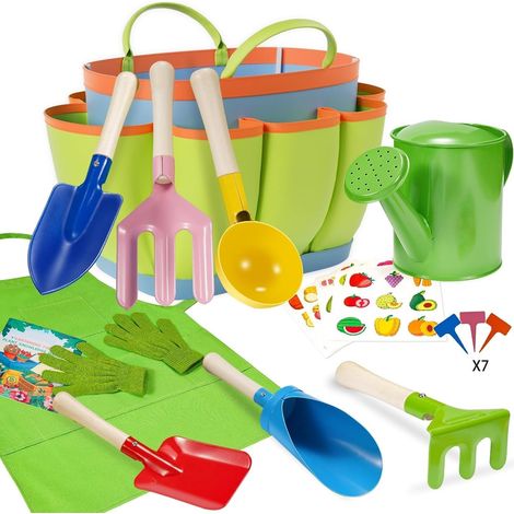 12 Pcs Garden Tools Set for Kids, Spoon, Fork, Trowel, Rake, Cylindrical Shovel with Tote Bag, Watering Can, Gloves, Apron, Plant Labels, Stickers for Kids (1/5)