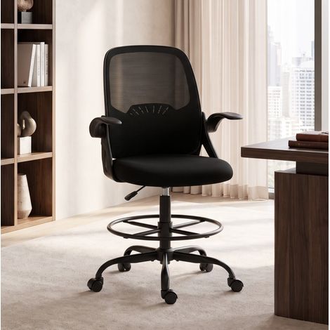 MODFU – Sedia da ufficio alta regolabile 57-77 cm in poliestere con supporto lombare, poggiapiedi, braccioli sollevabili, rotazione 360°, pistone classe 4 e portata 120 kg – Nero (1/5)