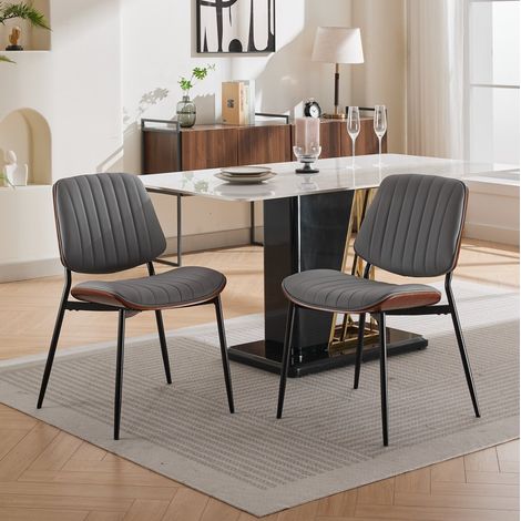 Lot de 2 chaises de salle à manger rétro, dossier en bois noyer, PU gris, pieds métal (1/5)