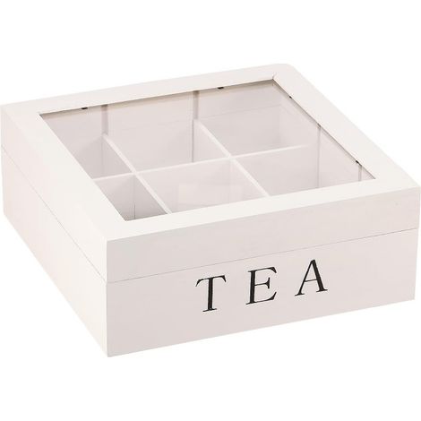 Aufbewahrungsbox für Teebeutel aus Holz mit transparentem Deckel, 9 Fächer, weiß