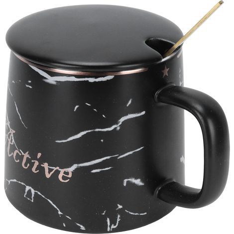 Tasse en céramique motif marbre, mug original avec cuillère et couvercle, noir, pour maison, voyage, bureau et extérieur (1/5)