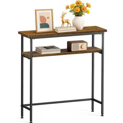 VOUNOT® Mesa de Consola Recibidor 2 Niveles Mesa Auxiliar de Entrada con 2 Estantes Estilo Industrial 80x24x80 cm, Marrón