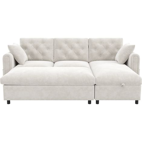 Canapé en velours beige avec chaise longue réversible et pouf avec rangement, 219 x 131 x 86 cm (1/5)