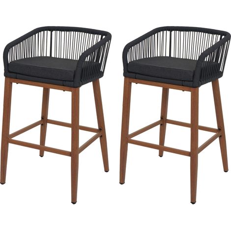 Lot de 2 tabourets de bar Rope HWC-O22, coussins d'extérieur en corde tressée métal aspect (1/5)
