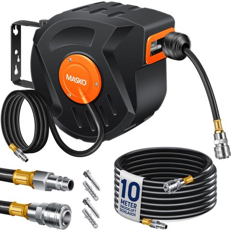 MASKO® Automatischer Druckluftschlauch-Aufroller 1/4" - 10m, Orange/Schwarz