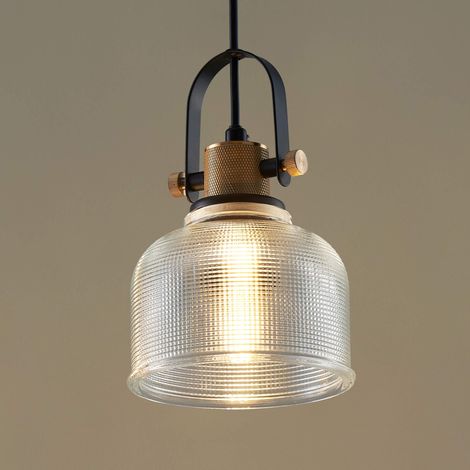 Suspension cloche en verre transparent – Abat-jour graphique gaufré – Douille dorée E27 pour ambiance chaleureuse – Kosilum