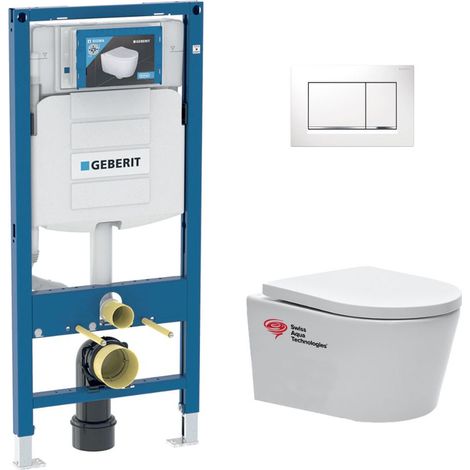 Geberit – Pack WC Bâti-support UP320 – Cuvette sans bride 48cm – Abattant SoftClose – Plaque blanche – GEBSATRIMLESSH (1/5)