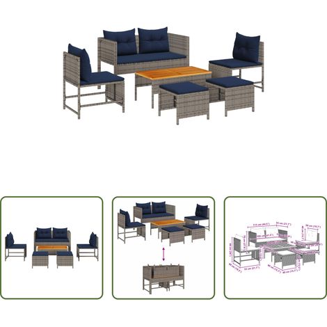 Gartentisch - Gartensofa-set mit Kissen 6 pcs Grau und Marineblau Poly-Rattan (1/5)