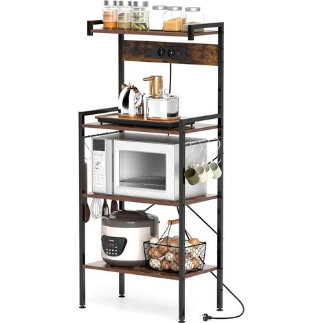 GOPLUS Étagère de Cuisine à 4 Niveaux avec Station de Charge,Support pour Micro-ondes avec 8 Crochets en S,Prises,59x34x136CM (1/5)