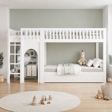 Lit superposé enfant 90x200 cm en bois blanc, gain de place pour chambre enfant FloraGrace (1/5)