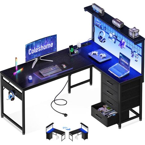 Bureau gaming LED avec rangement 130 x 100 cm Noir Coleshome (1/5)