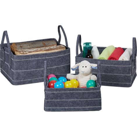 Relaxdays Cestini Portaoggetti in Feltro, Set da 3 Borse Portalegna, 10, 17 e 25 L, con Manici, Grigio Scuro Bianco