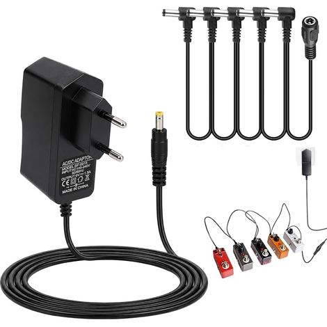 Alimentation pour Pédale de Guitare 9V 1.5A avec Câble Daisy Chain 5 Voies - Adaptateur DC 100-240V Jack 1/8" Centre Positif, Compatible Boss, Zoom, Behringer, DigiTech, Effets Guitare (1/5)