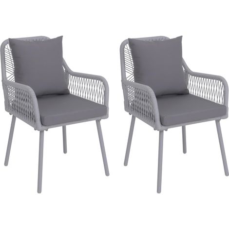 Lot de 2 chaises de jardin HWC-O12, coussins d'assise/de dossier d'extérieur, tressage en corde d'al (1/5)