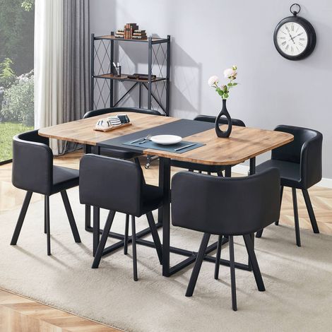Ensemble repas extensible effet bois avec structure métal noir, chaises rangeables pour 4 à 6 personnes (1/5)